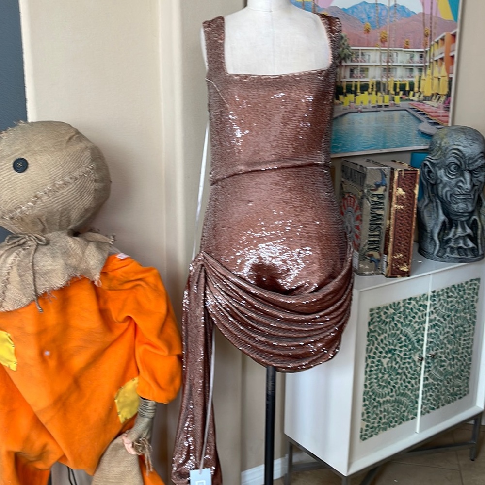 The Dolls House BROWN Sequin Dress w/Ruched Sash Detail NWT